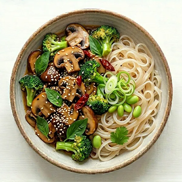 Thai Basil Mushroom & Broccoli Stir Fry And Rice Noodle